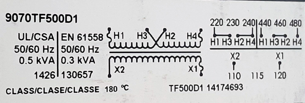 Square D 9070TF500D1 Industrial Control Transformer