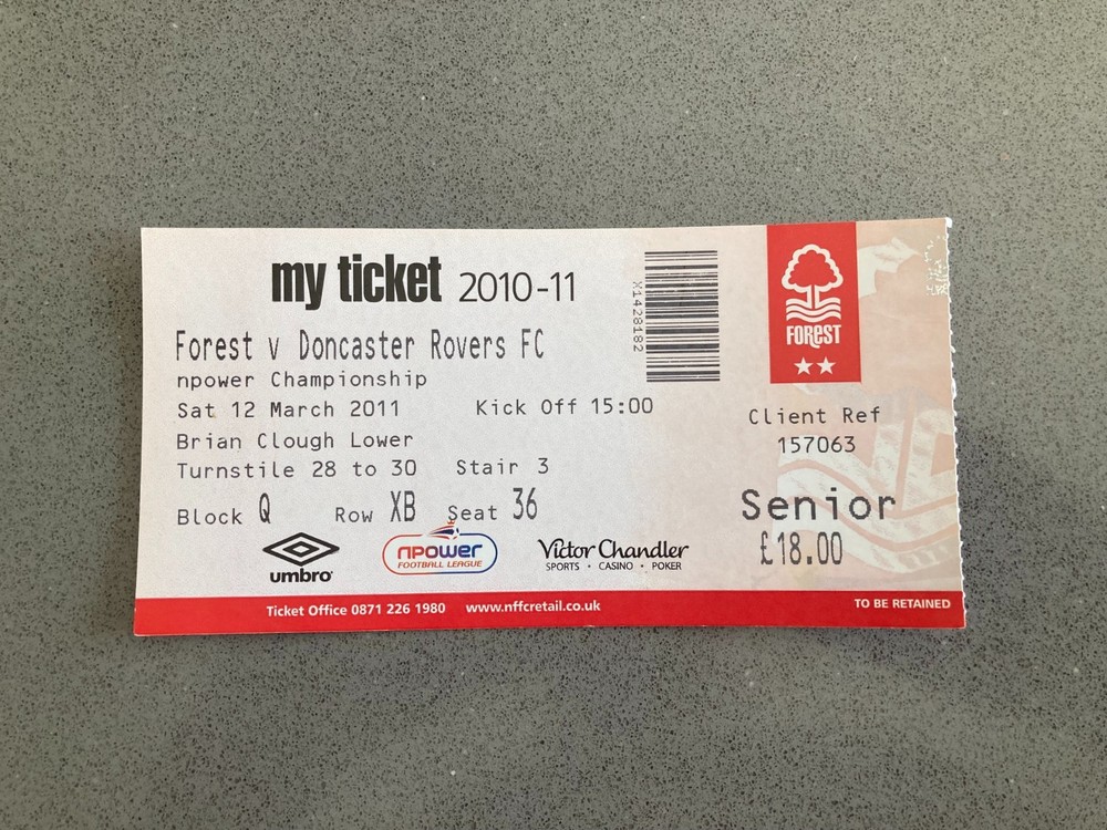 Nottingham Forest v Doncaster Rovers 2010-11 Match Ticket