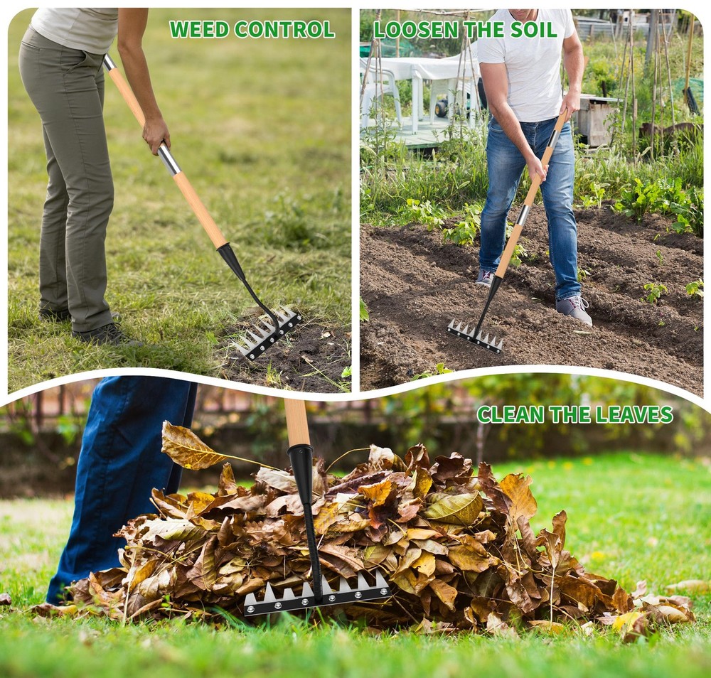ATLRGISL Iron Weed Rake with Wooden Long Handle 2.0, 8 Teeth Weed Puller Tool...