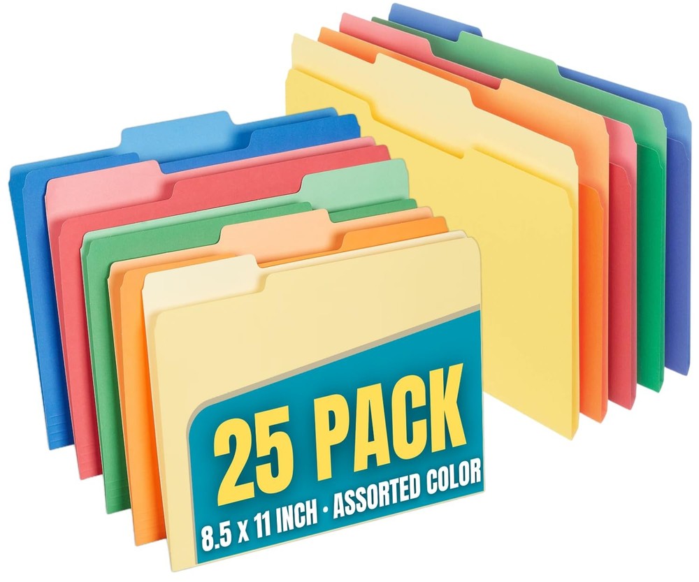 Colored Interior File Folders 25/Pack Letter Size 1/3 Cut Assorted Tab