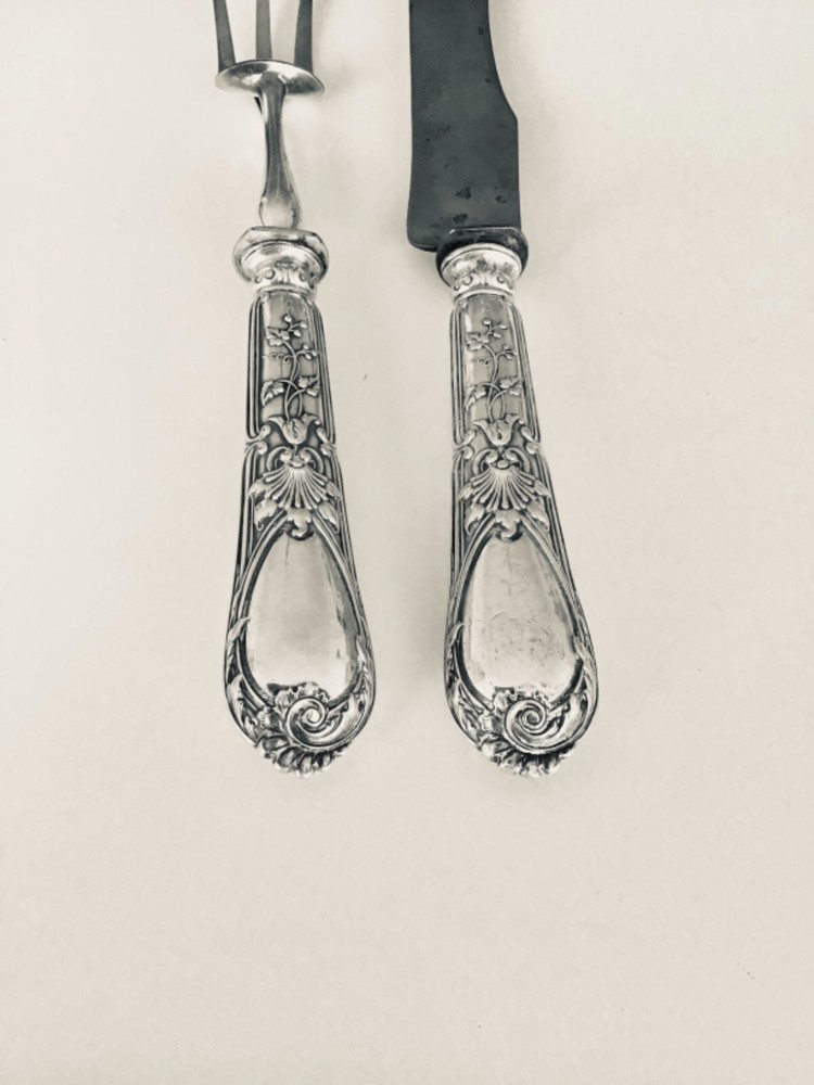 Antique Belgian Delheid 800 Silver Craving set knife & fork Iris
