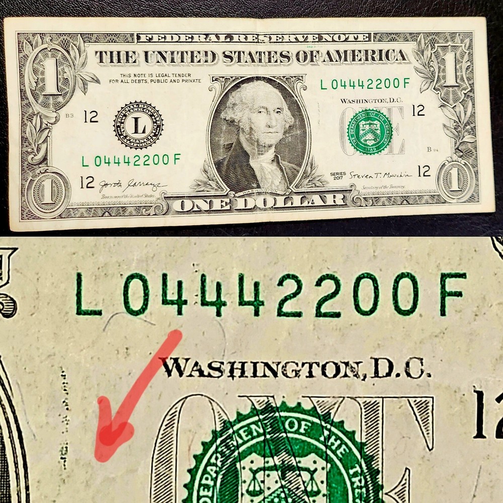 $1  BINARY SERIAL NUMBER ERROR INK TRANSFER FROM BACK TO FRONT 0 444 22 00