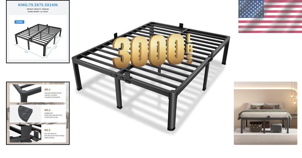Sturdy 14-inch King Metal Bed Frame with Rounded Corners & No Box Spring Needed