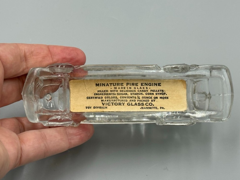 1940s Sealed FIRE ENGINE Miniature VICTORY Glass CANDY CONTAINER Vintage E&A 213