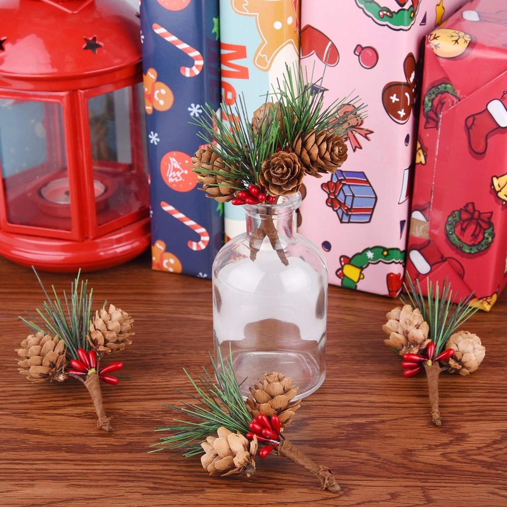 CHRORINE 15 Pcs Artificial Pine Cone Picks and Red Berry Mini