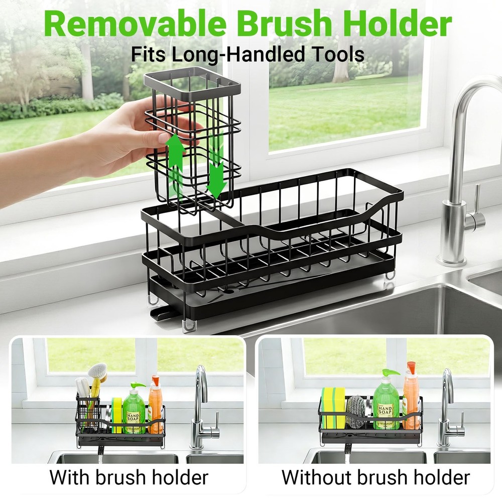 Sponge Holder for Kitchen Sink, Self-Draining Sink Caddy Organizer with Black