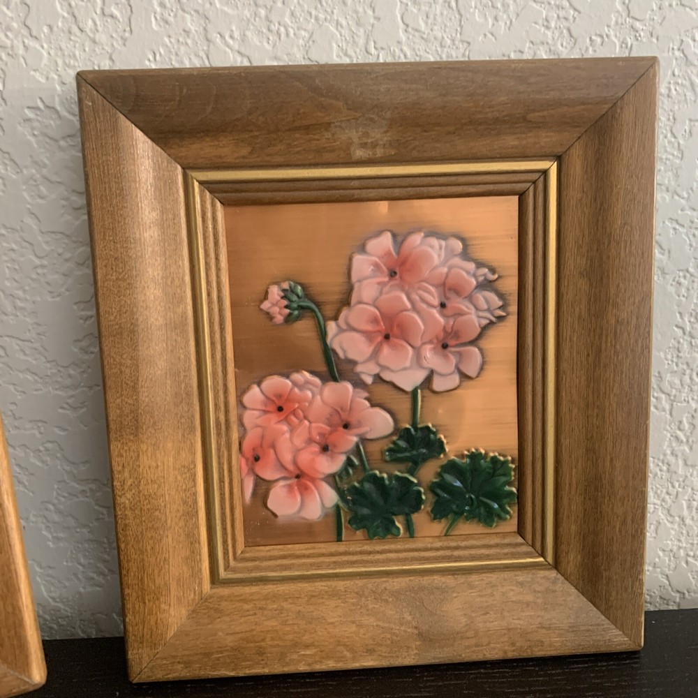 Copper Embossed Flowers Framed rare Orchid Geranium