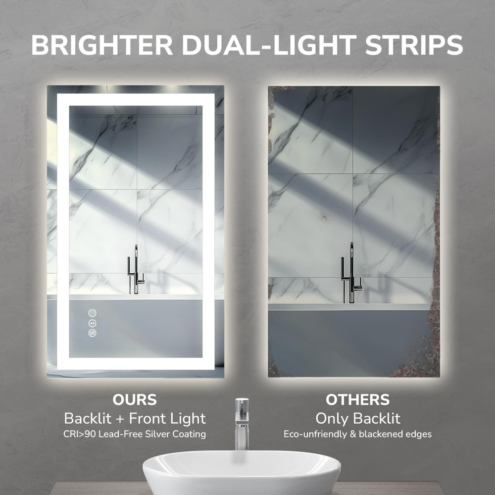 20”x28” LED Bathroom Mirror Lighted Wall Vanity Mirror, Horizontal and Vertical