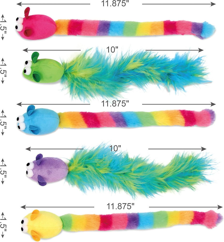 5 Pack Interactive Catnip and Feather Cat Toys, Multi-Colored Mice with Long Fea