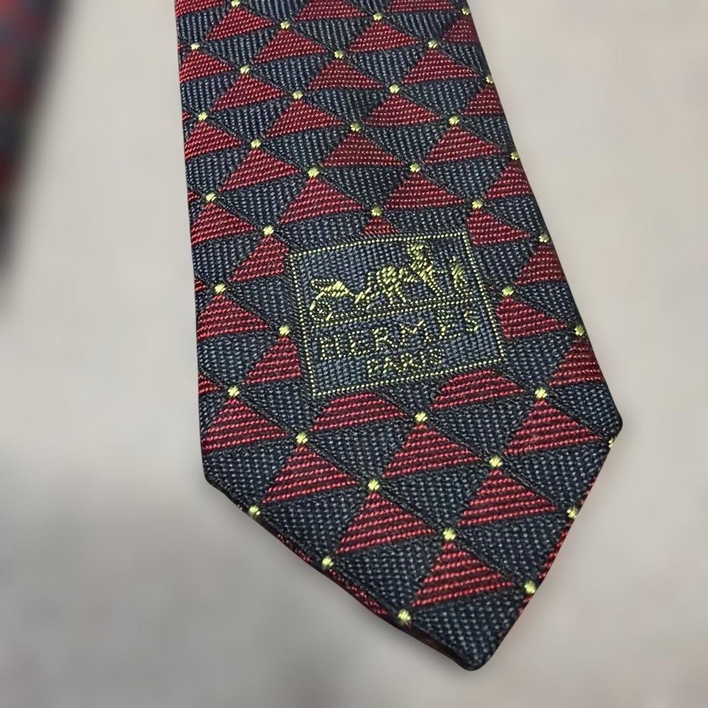 HERMES Silk Tie Red Navy Diamond Pattern