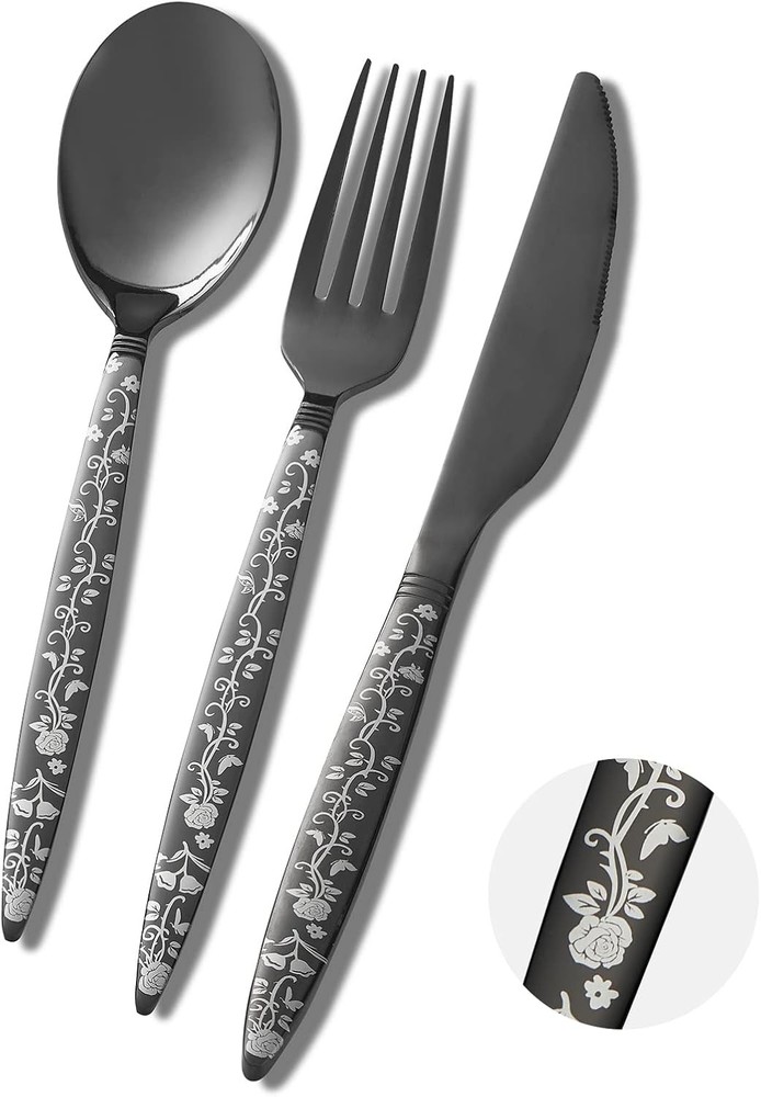 Bla Sierware Set, Flower Pattern Fancy Knife, Spoons and Forks,
