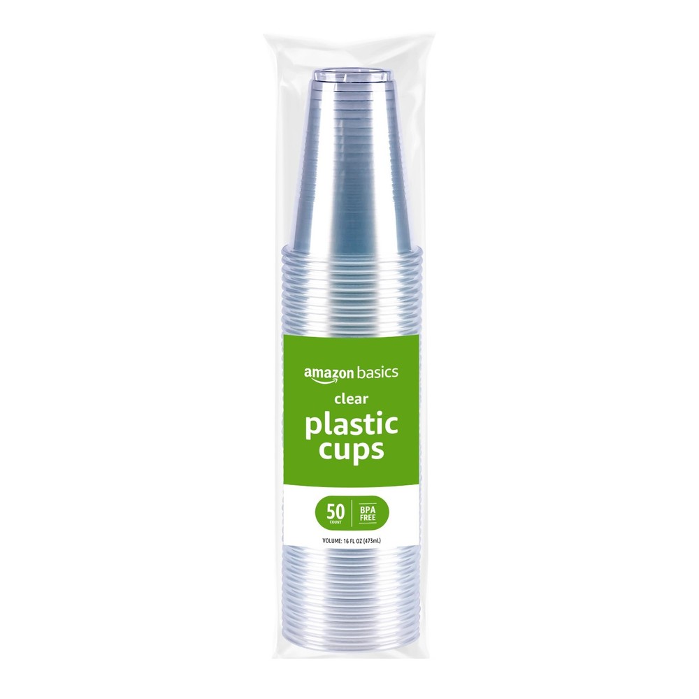 Amazon Basics Disposable Clear Plastic Cups, 16oz, 50 Count