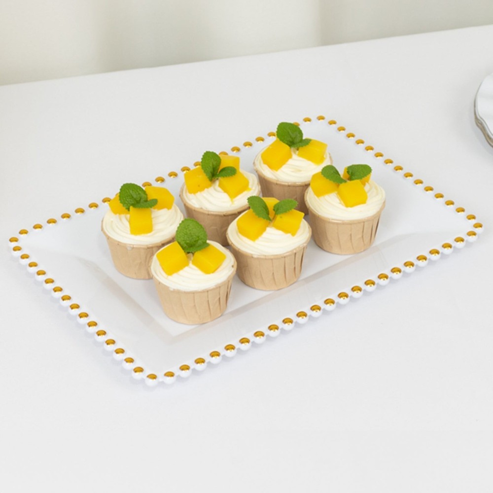 6 White with Gold Rectangular Acrylic Serving Trays with Gold Beaded Rim