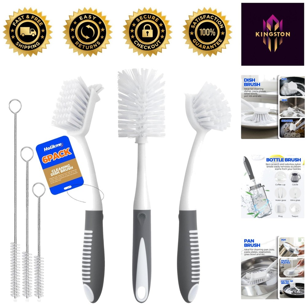 Kitchen Brush Set with Deep Cleaning Handles & Non-Scratch Bristles - 6 Pieces