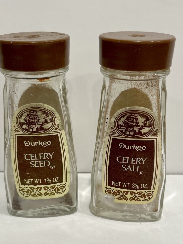 2 Vintage Durkee Spice Jar Bottles Celery Seed and Celery Salt Empty ship