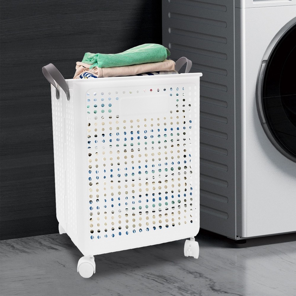 Folding Laundry Basket Hamper Movable Bathroom Dirty Clothes Hamper w/ 4 Wheels