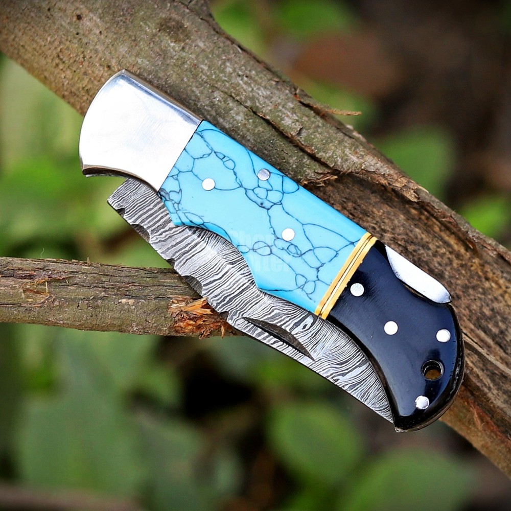 Handmade Damascus Folding Knife, Turquoise Stone Handle Leather Sheath Sharpner.