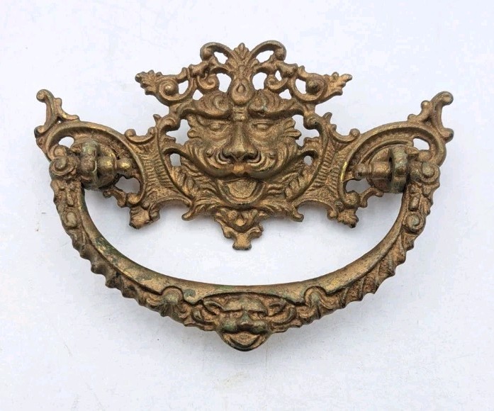 Antique Lion Face Drop Bail Pull Drawer Cabinet Handle Ornate Old Brass Hardware