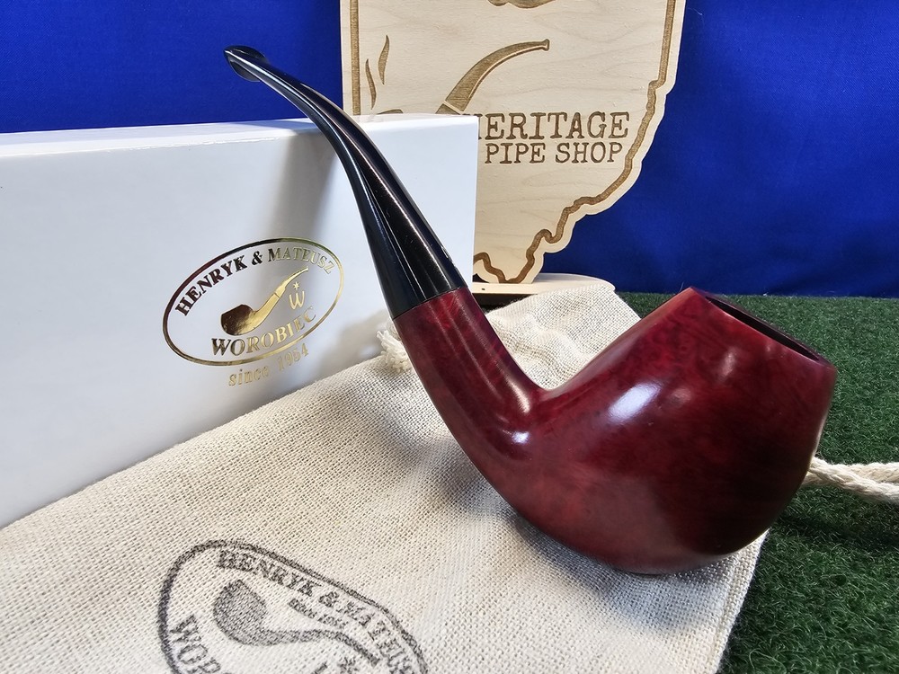 Handmade Worobiec 80 Smooth Red Bent Egg Stiliamid Stem Briar Pipe, Box, Sock