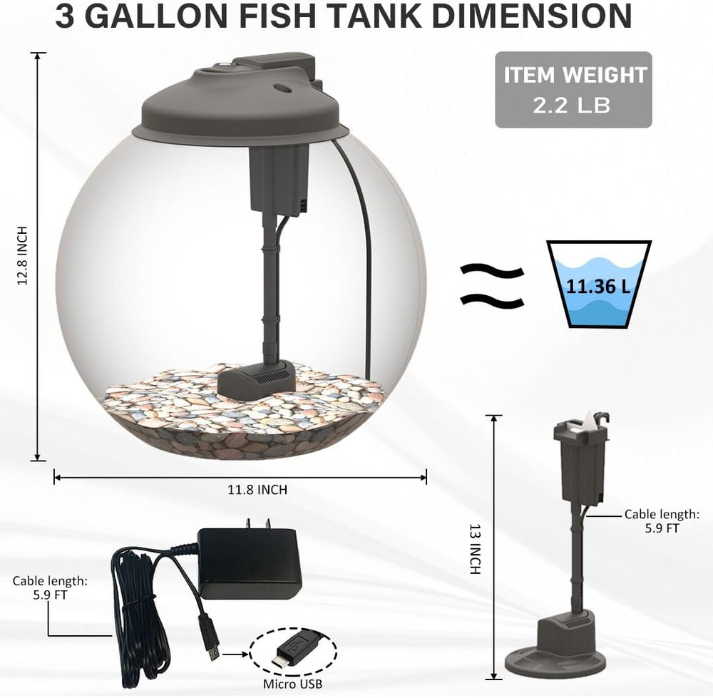 3-Gallon Fish Tank, Aquarium Starter Kit Includes Power Filter, LED Light with 5