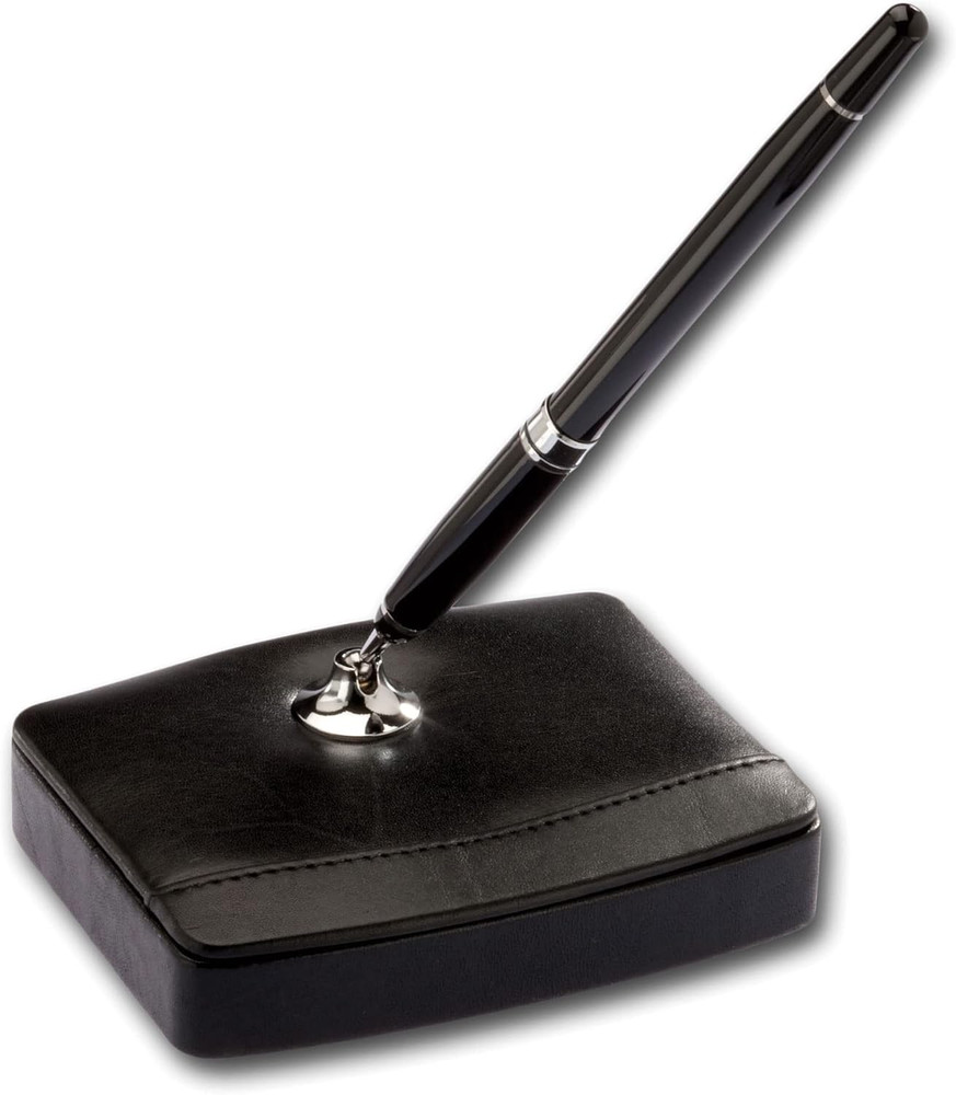 Black Leather Single Pen Stand with Silver Accents