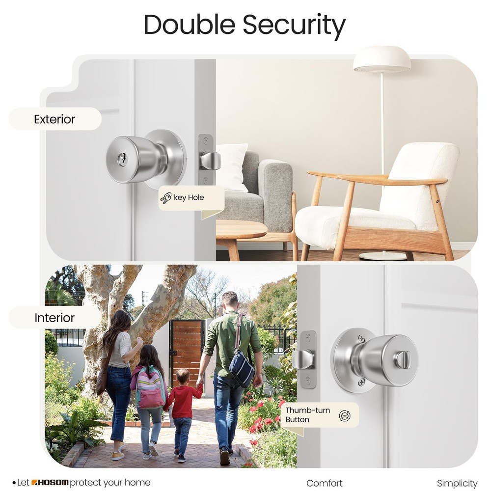 HOSOM Door Knobs with Lock and Key, Keyed Entry 2 Pack, Satin Nickel
