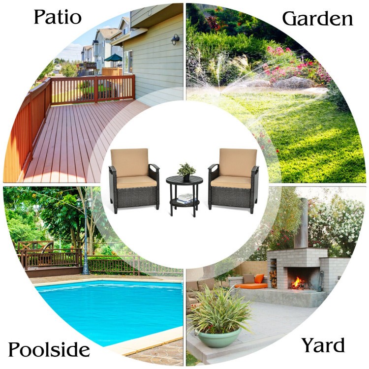 3pcs Outdoor PE Rattan Sofa Set Cushioned Sofas + Storage Table w/ Shelf