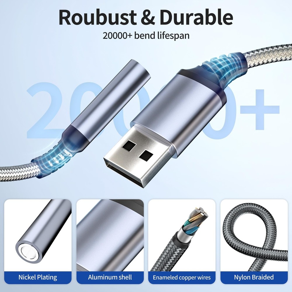 USB to 3.5mm Jack Audio Adapter, Aux Cable External Standard, Grey