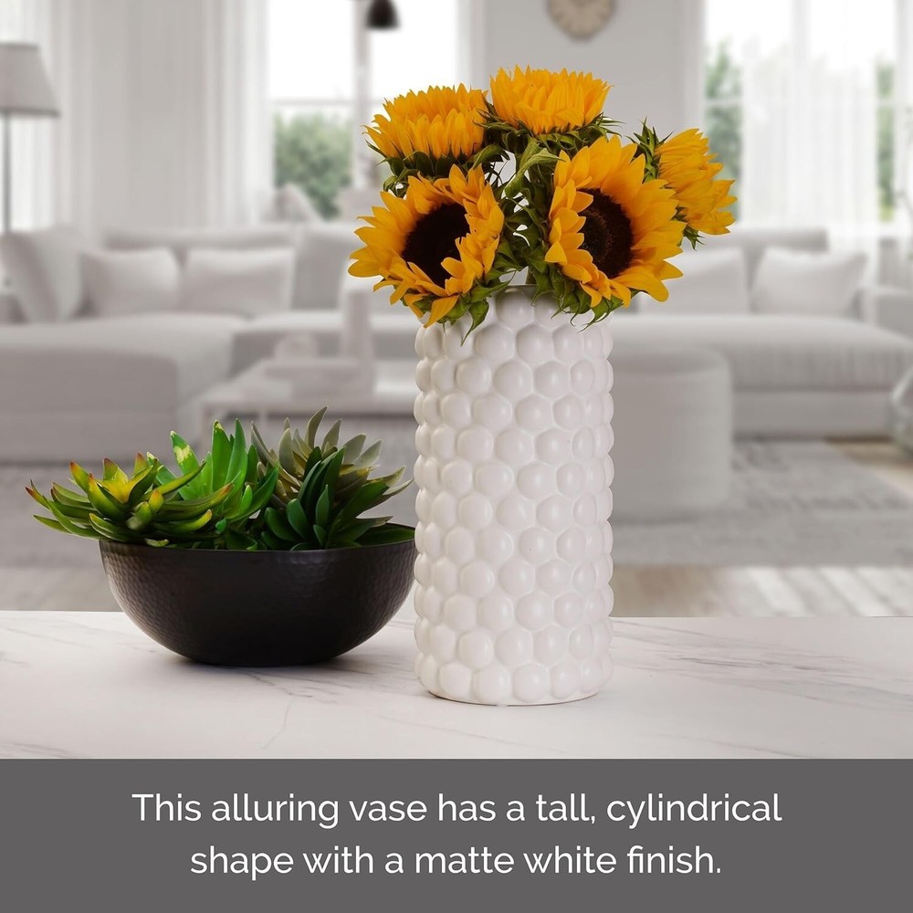 Elements Ceramic Textured Dot Vase 5.71x11.81 Inch White