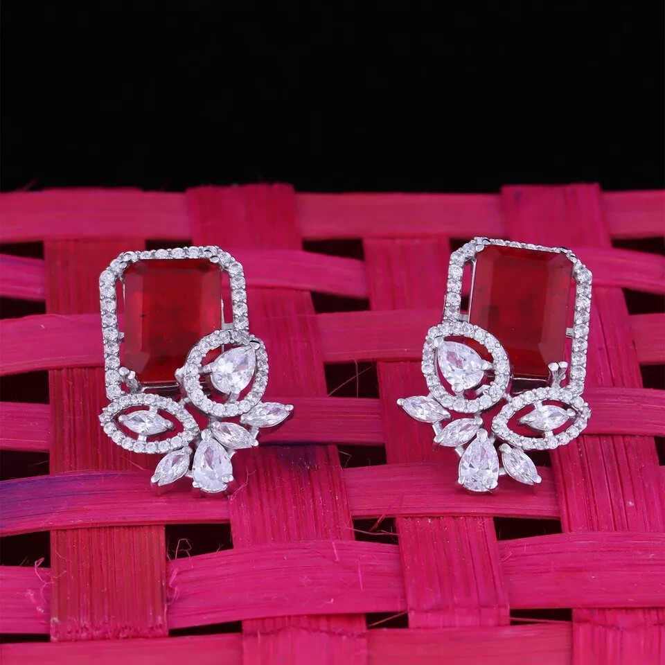 2Ct Simulated Red Ruby 14K White Gold Plated Emerald Cut Women's Stud Earring