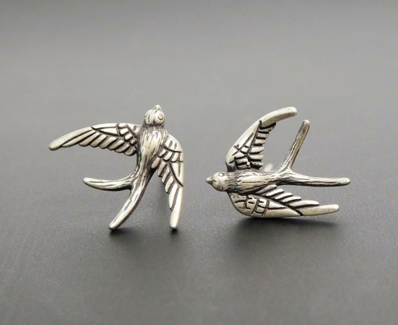 Unique Handmade Sterling Silver Small Flying Swallow Birds Post Stud Earrings