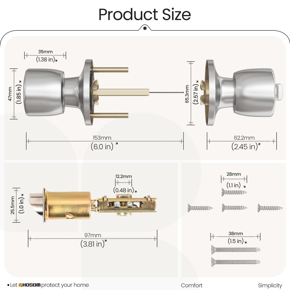 HOSOM Door Knobs with Lock and Key, Keyed Entry 2 Pack, Satin Nickel