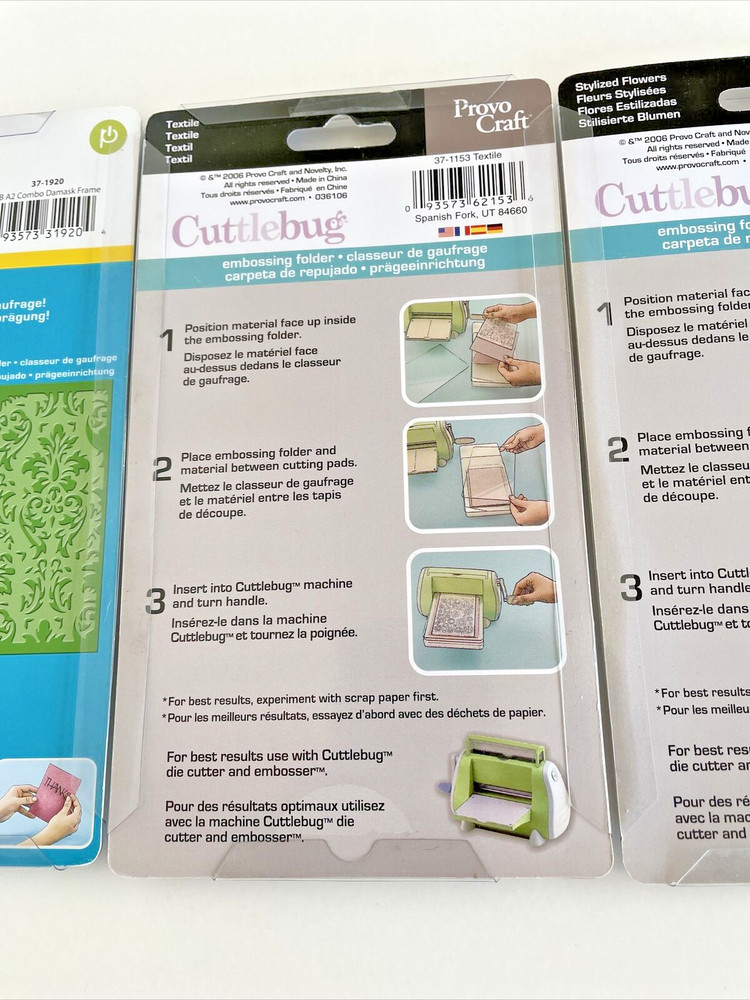 3 Cuttlebug Embossing Folders Flowers, Textile Backgrounds and Damask Frame NOS