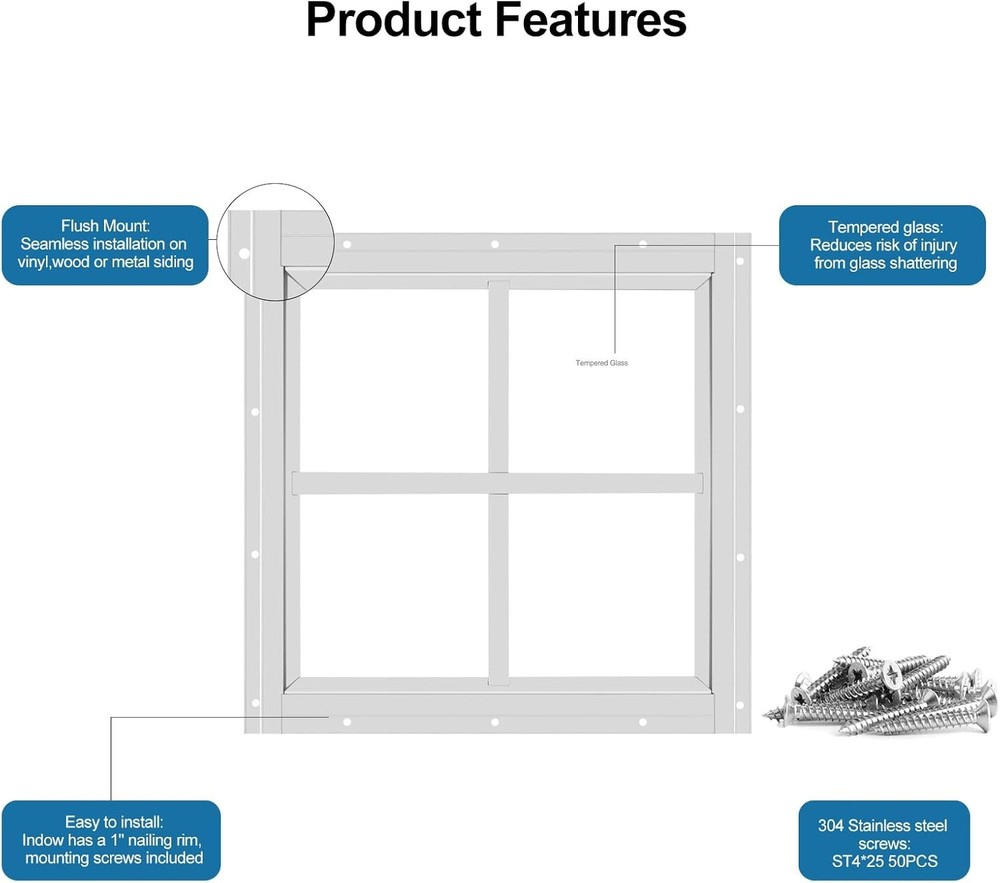 2 Pack Shed Window 12" W x 12" H, White Flush Mount Window