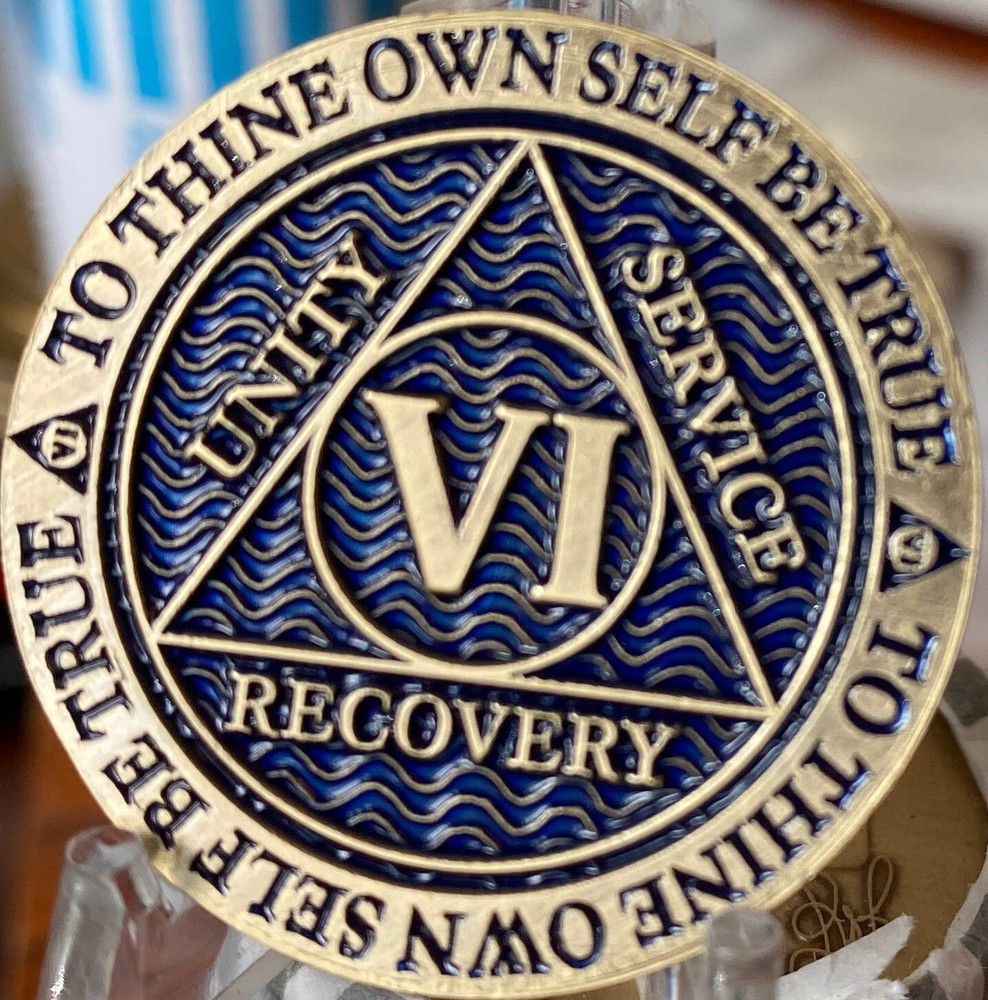 6 Year AA Medallion Antique Reflex Blue Sobriety Chip