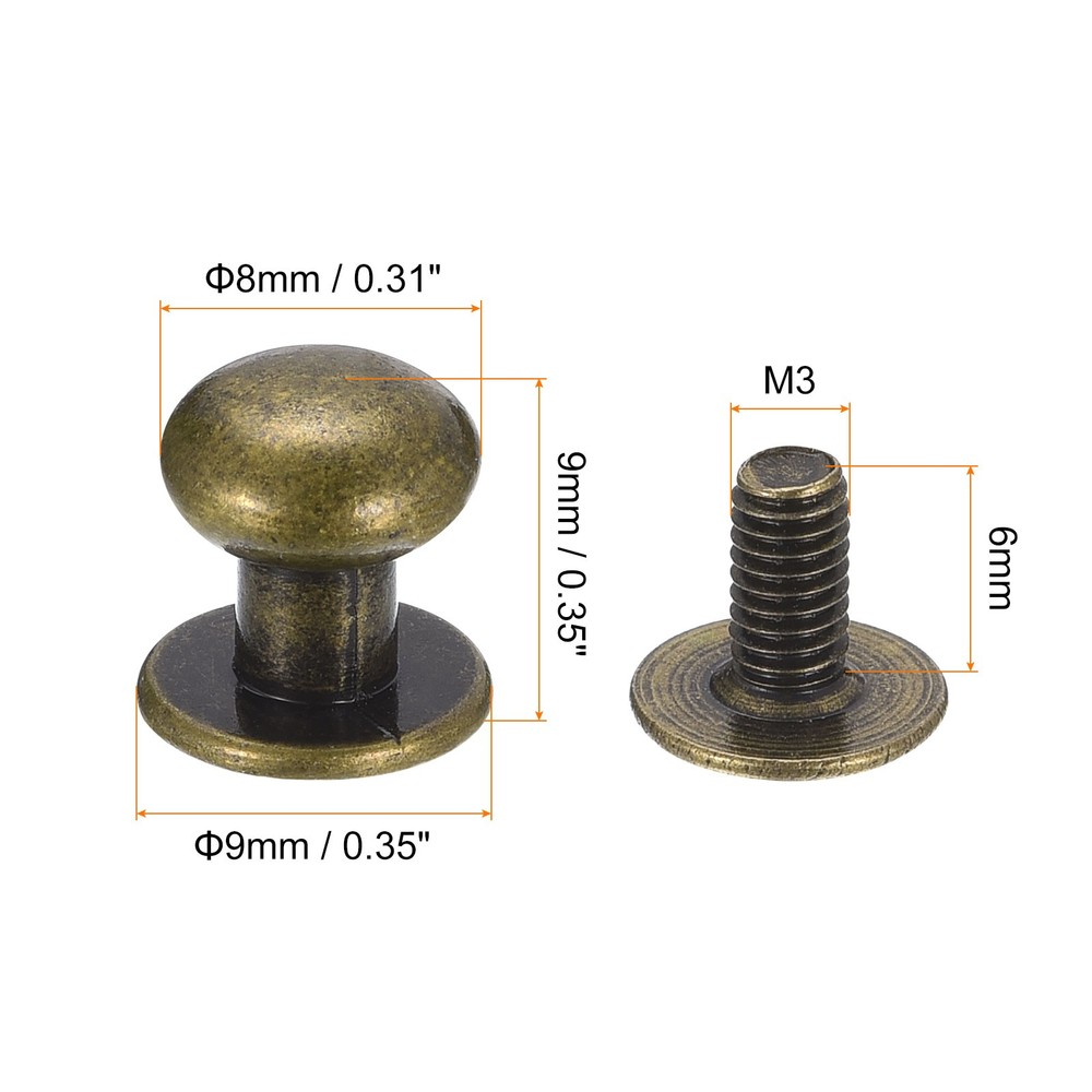 8mm Ball Head Stud Rivets Screw Back, 15Pack Round Head Button, Bronze Tone