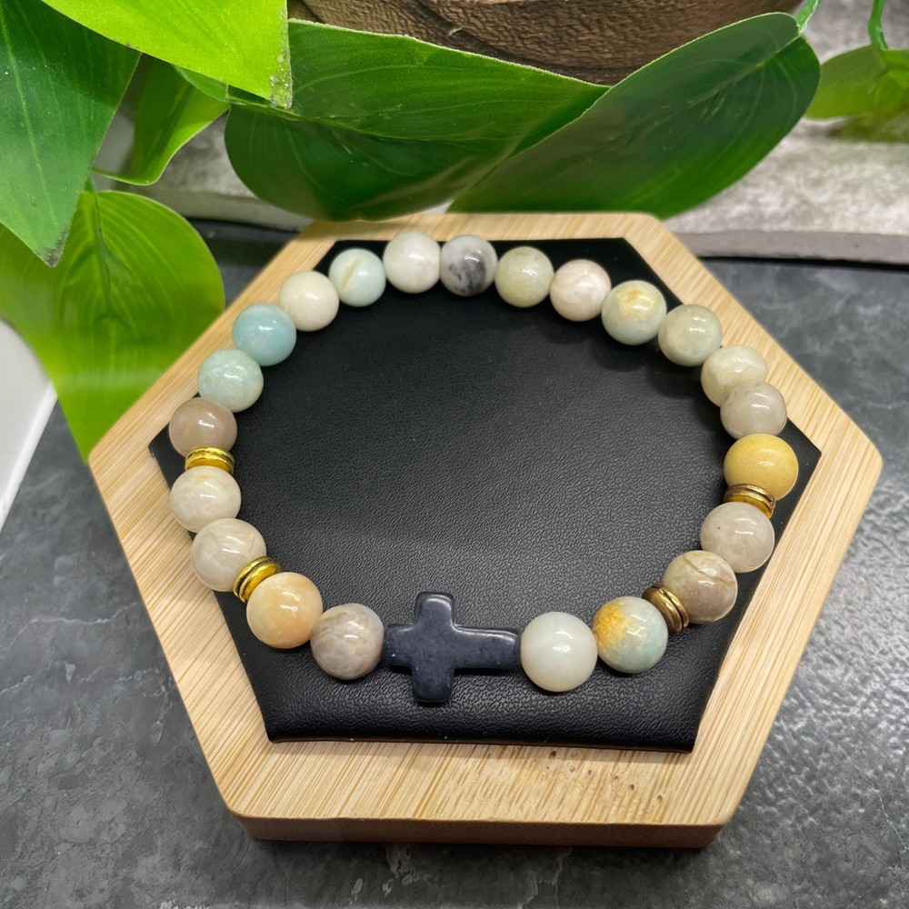 Handmade Beaded Stackable 7”Plus Stretch Bracelet Stone Cross New B7490