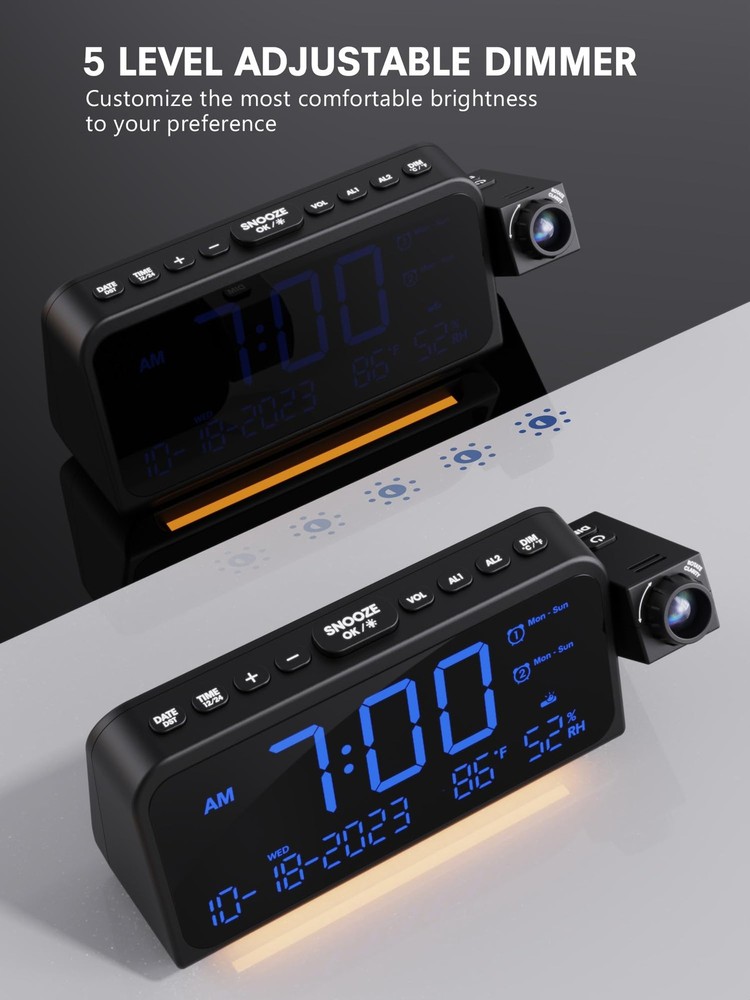 Projection Alarm Clock for Bedroom Ceiling, Digital Clock Projector with Week...