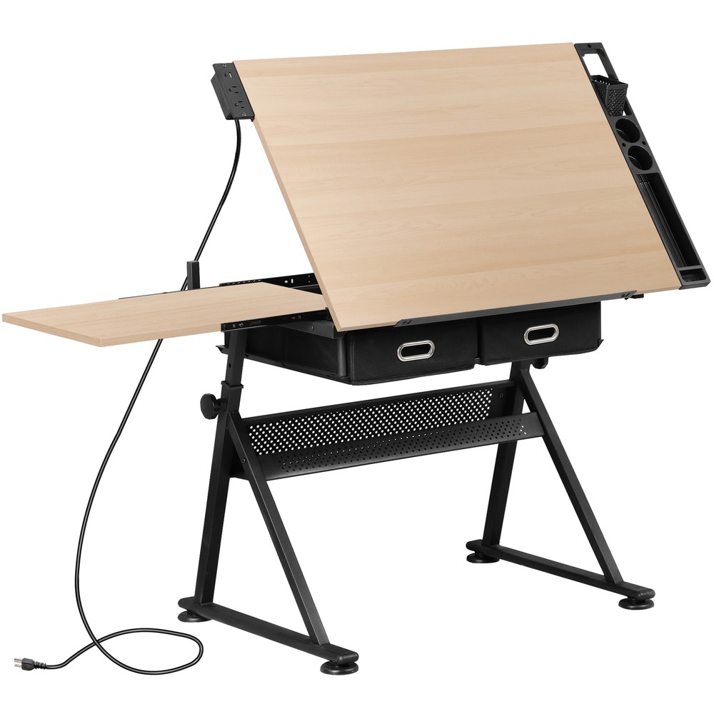 Drafting Drawing Table Tabletop Adjustable Height with Charge Outlet Natural