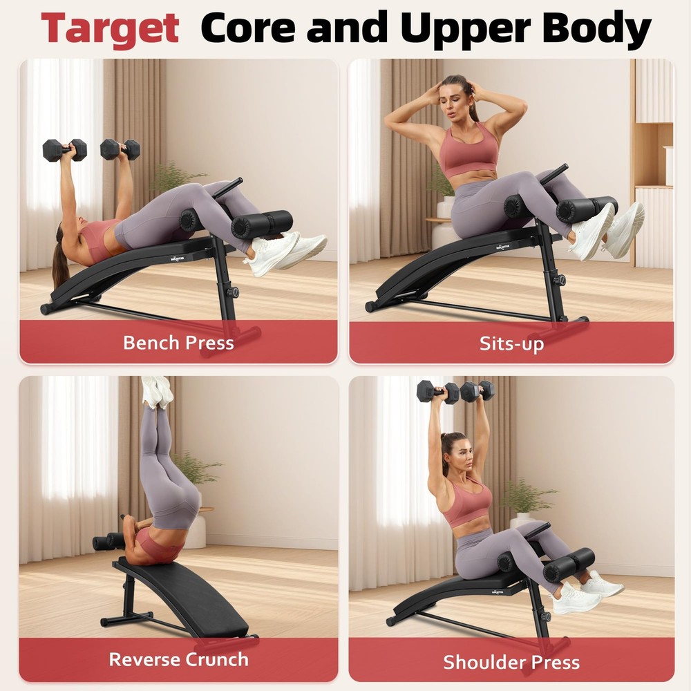 Sit Up Bench with 4 Adjustable Heights and Reverse Crunch Handle, Curved Ab Work