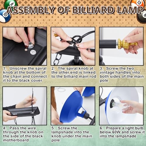 Adjustable Pool Table Lights for 7'-8' Billiard Light Hanging Blue 3 Lights