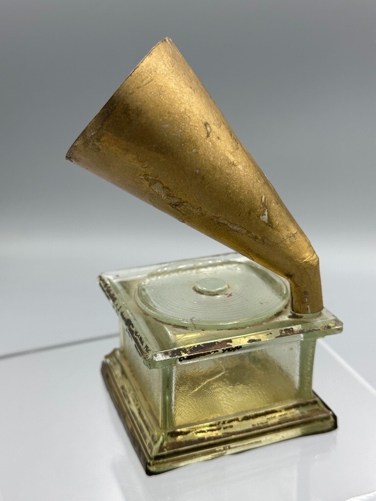 c 1915 Graphophone PHONOGRAPH Glass Record CANDY CONTAINER Antique E&A 576