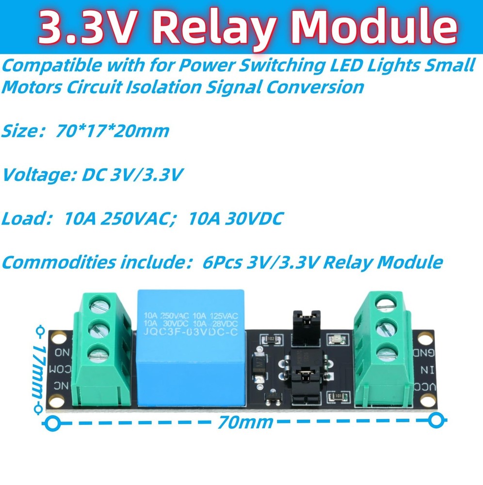 6-Pack DC 3.3V Relay Module with Optocoupler for 1 Channel Control