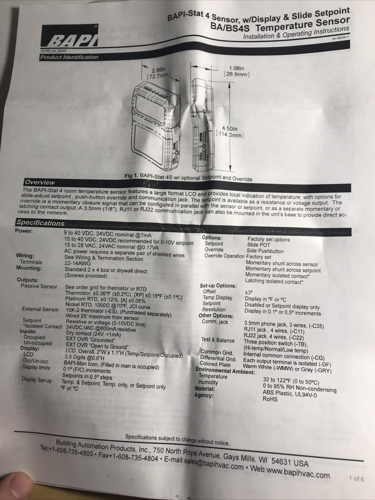 BAPI Room Temperature Sensor w/display & Slide Set point BAPI-Stat 4 Sensor, NEW