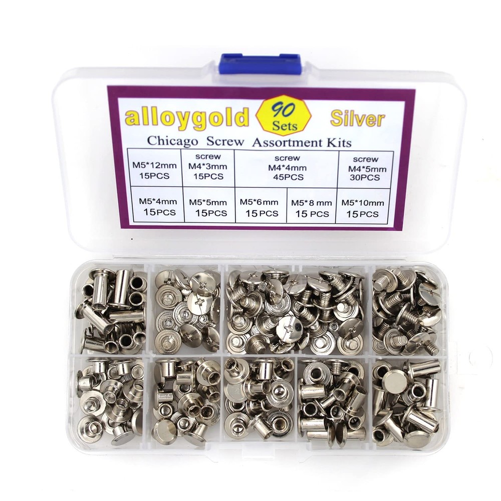 90 Sets Chicago Screws Leather Rivets Assorted Kit M5 6 Sizes Silver
