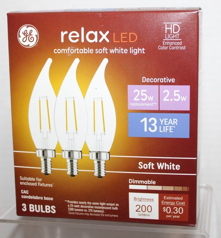 GE Relax 25w Equiv 2.5w LED Bulbs CAC Candelabra Base Clear Soft White 3-Pack