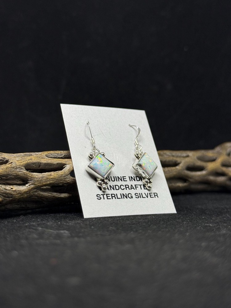Handmade Native American Navajo White Fire Opal Sterling Silver dangle Earrings