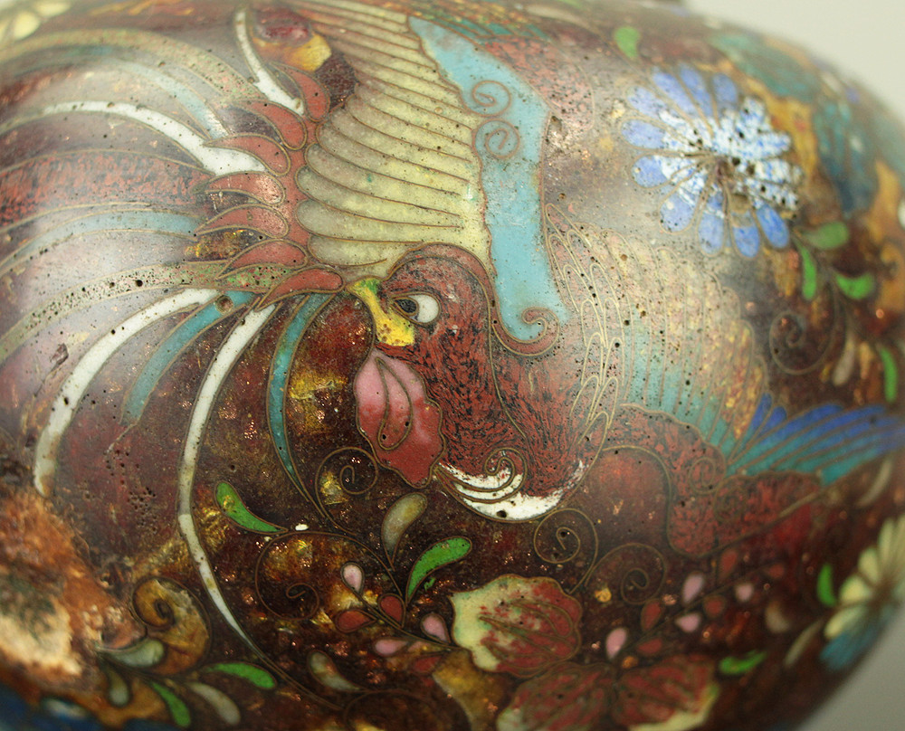 Cloisonne Phoenix and Chrysanthemum Pattern Three-legged Censer Incense Burner