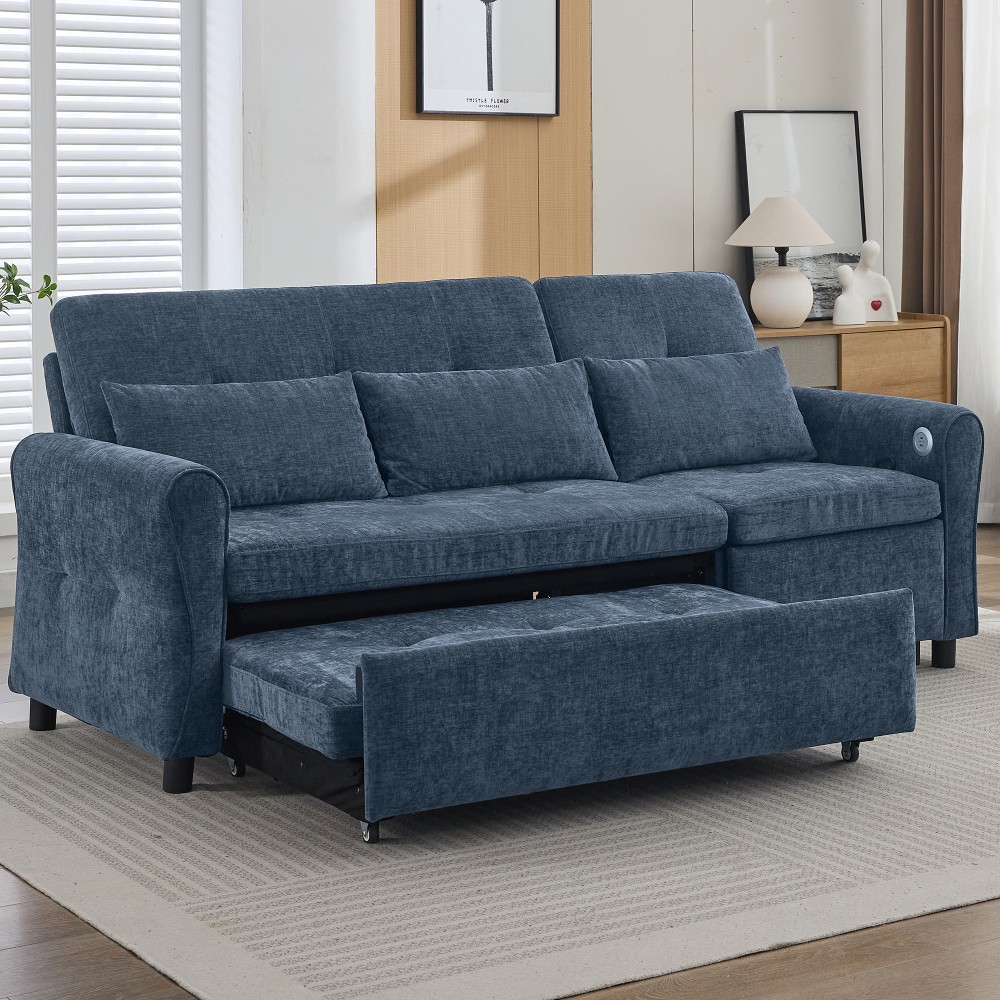82" Blue Chenille Sofa Bed w/ Reversible Recliner, Adjustable Backrest, USB