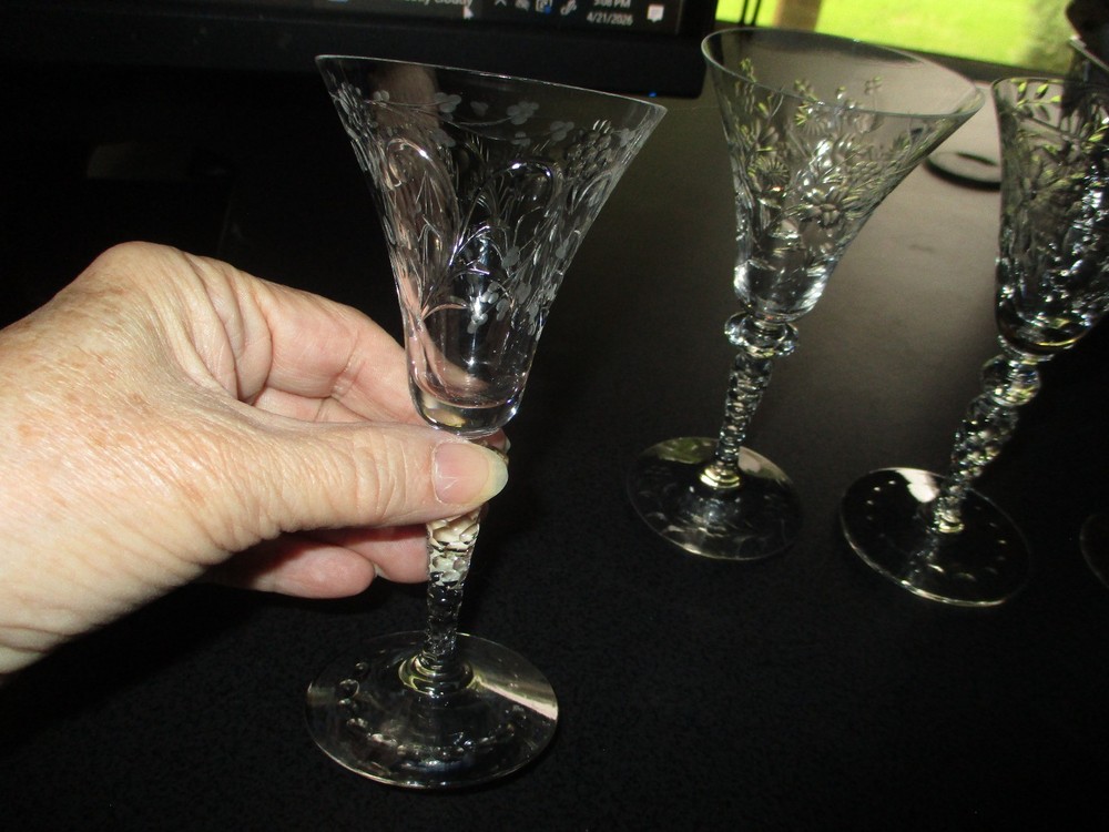 VTG 4- Etched Crystal Cordial/Liqueur Stem Glasses,Different Patterns,5 1/2" H